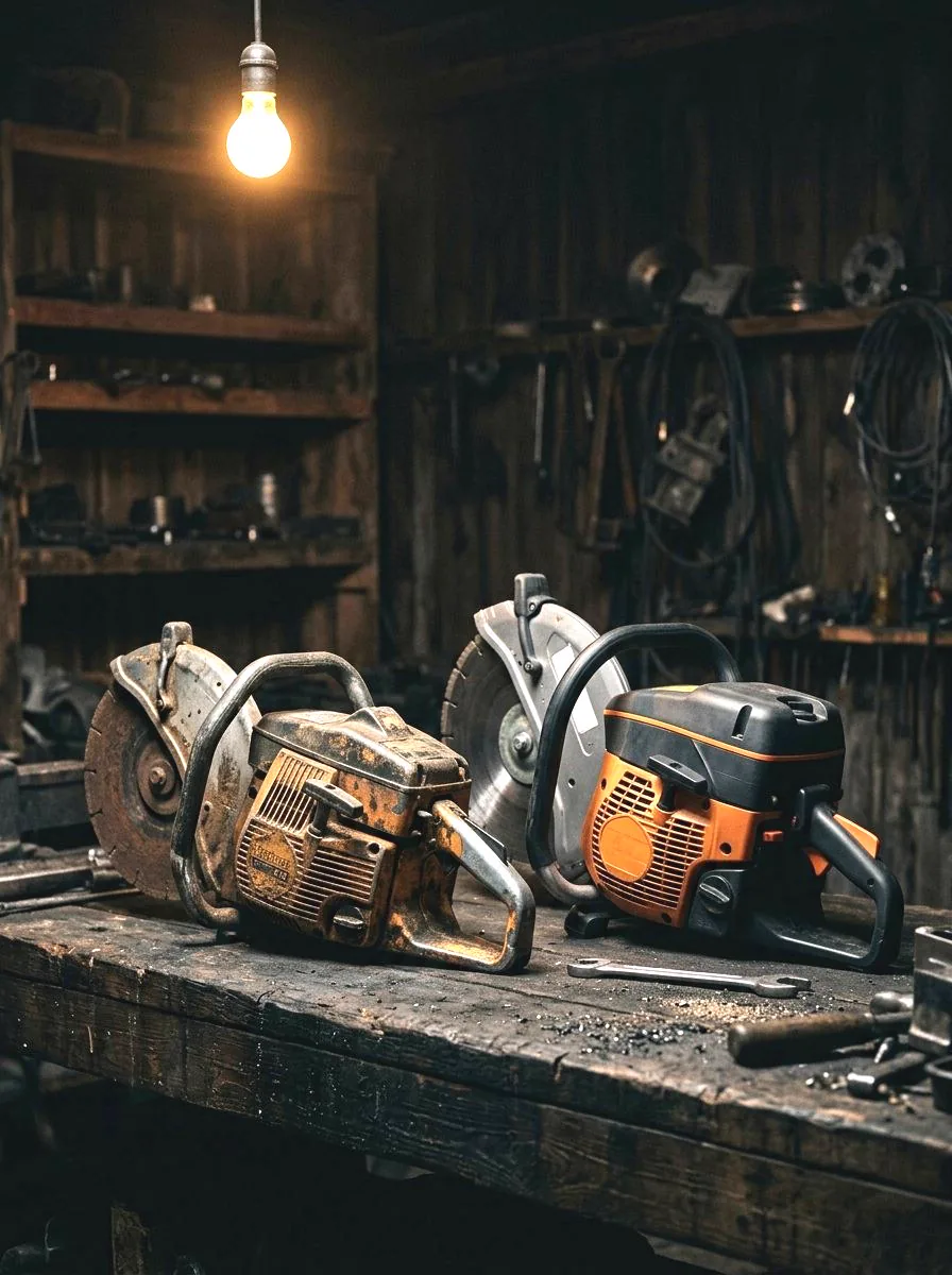 A vintage Partner cutoff saw beside a modern rescue saw