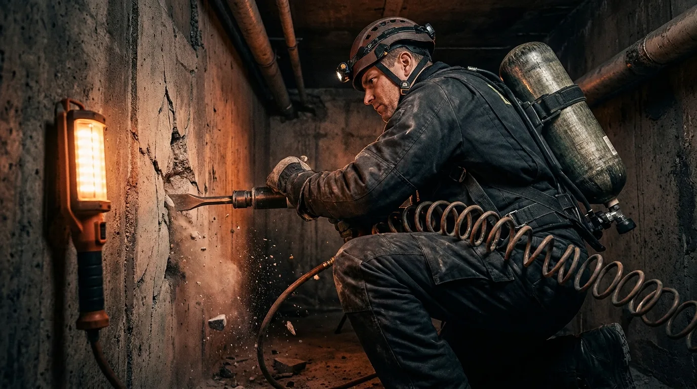 Rescue technician breaching a concrete wall with a pneumatic air hammer
