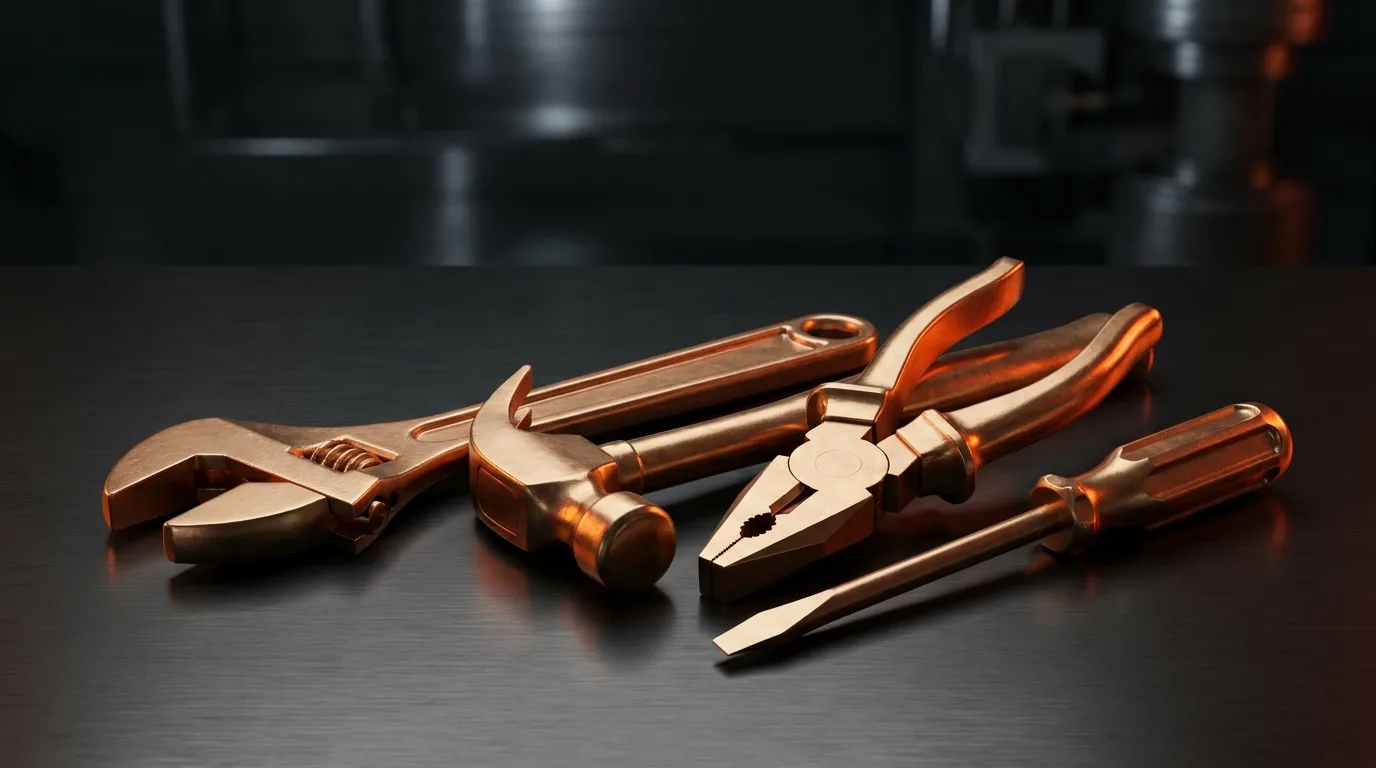 Aluminum bronze non-sparking wrench, hammer and pliers on dark steel