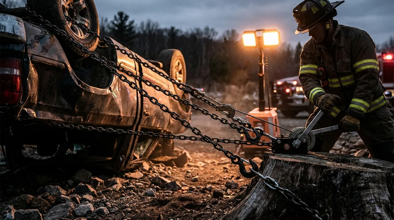 Rescue chains and come-along rigged to a wrecked truck at dusk