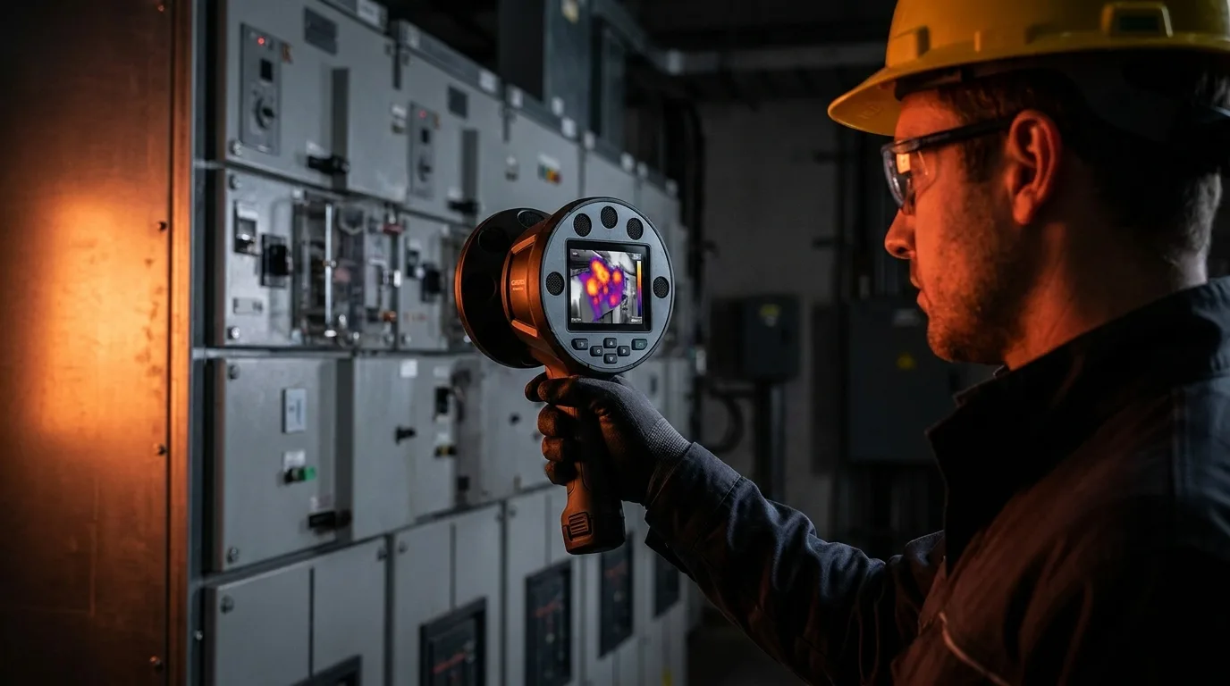 Utility technician scanning energized switchgear with a FLIR acoustic imaging camera