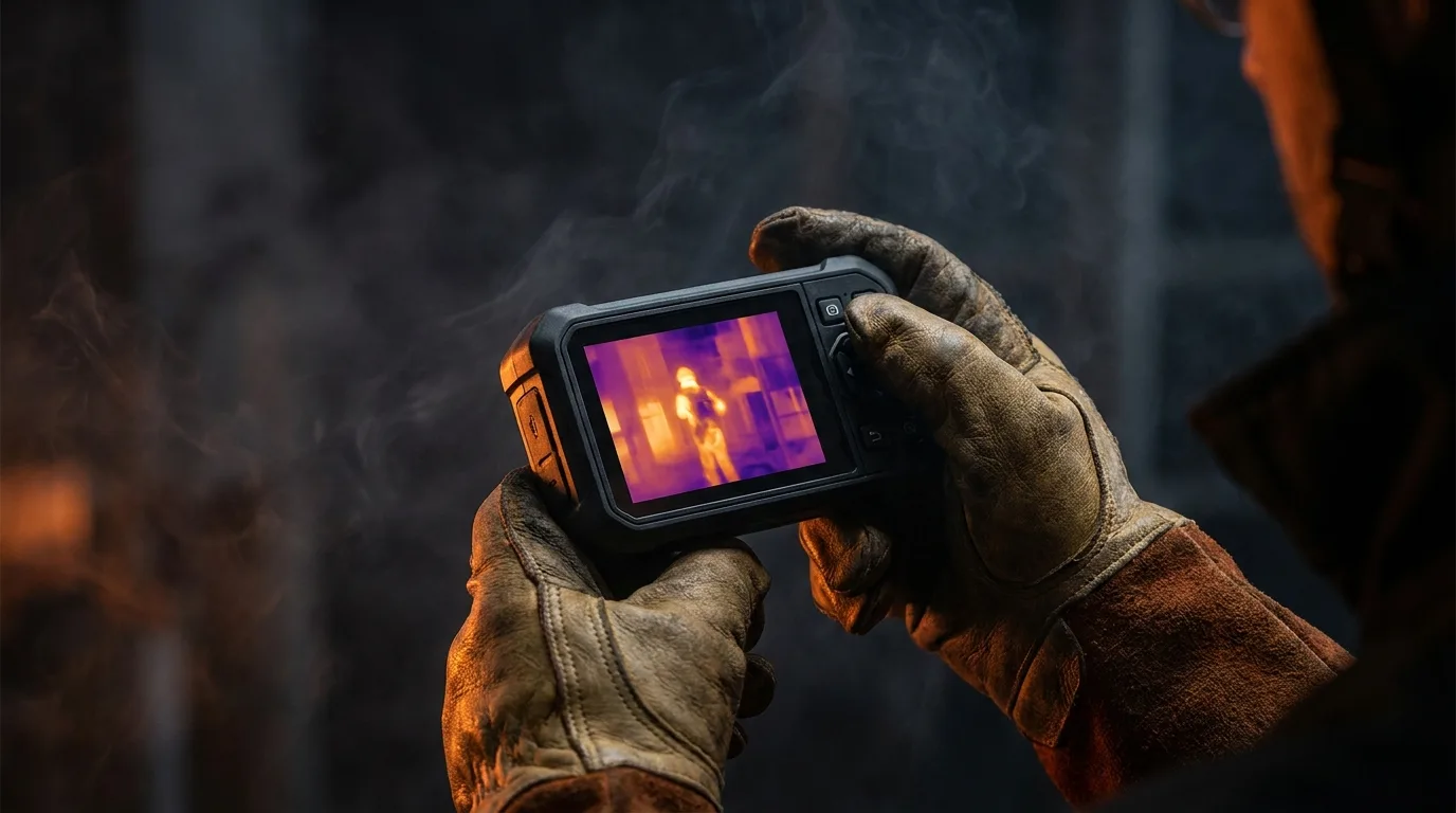 Gloved firefighter hands holding a FLIR thermal camera showing a heat image