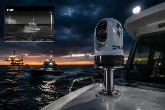FLIR M-Series thermal camera mounted on a vessel at night with its thermal view inset