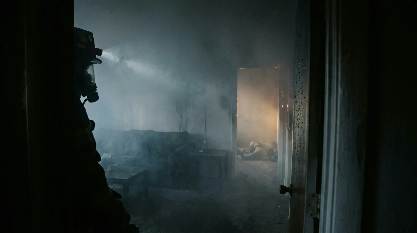 A firefighter in a doorway facing a room filled with dense smoke