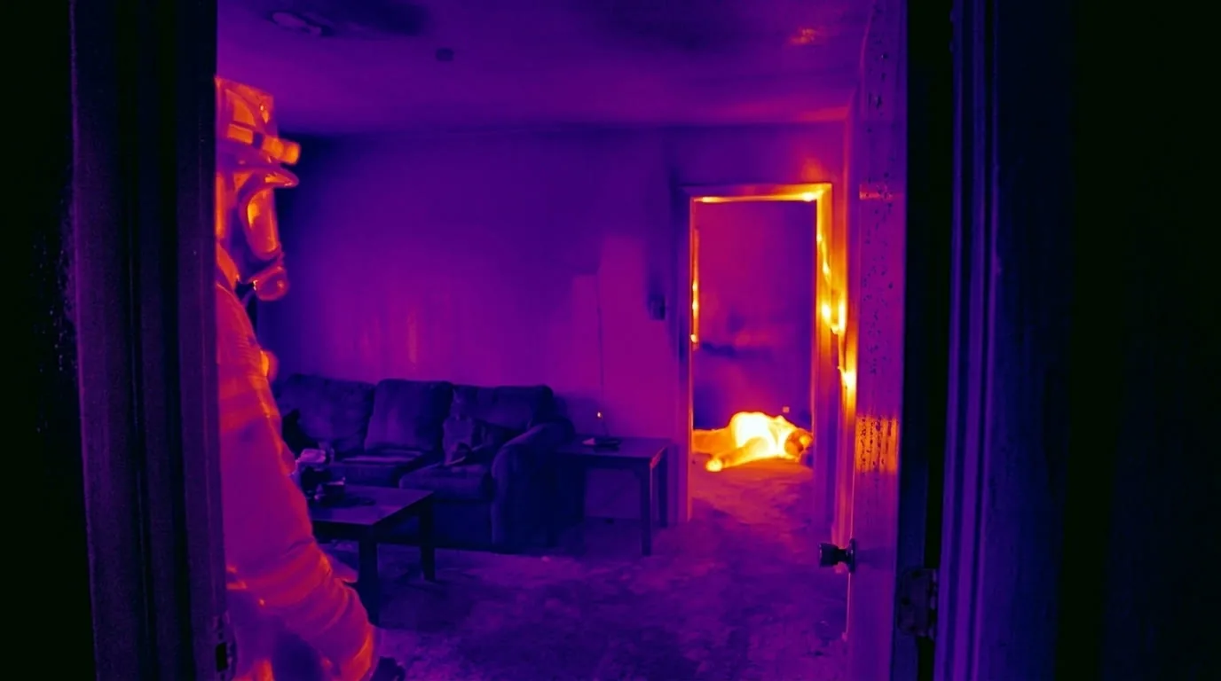 The same room seen through a FLIR thermal camera, revealing a person on the floor glowing through the smoke