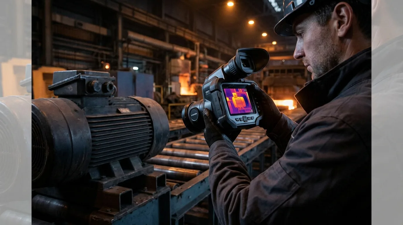 Reliability engineer inspecting plant motors with a FLIR thermography camera
