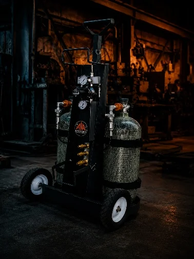 Air Systems breathing air cart with twin cylinders staged in the shop