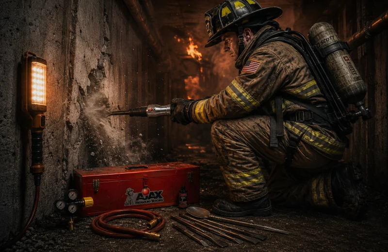 Firefighter driving an AJAX pneumatic air hammer into a concrete wall with the kit case at his feet