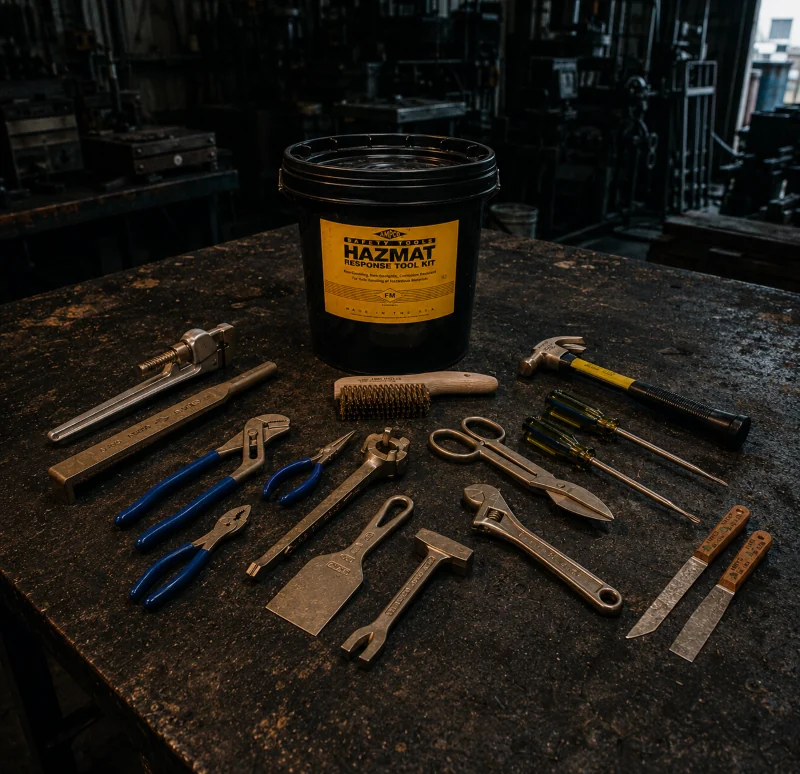 AMPCO non-sparking HAZMAT tool kit with bronze tools laid out around the bucket
