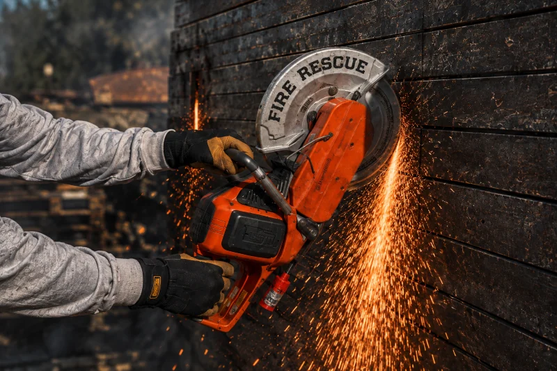 Battery powered rescue saw cutting into a timber wall, no cord and no fuel