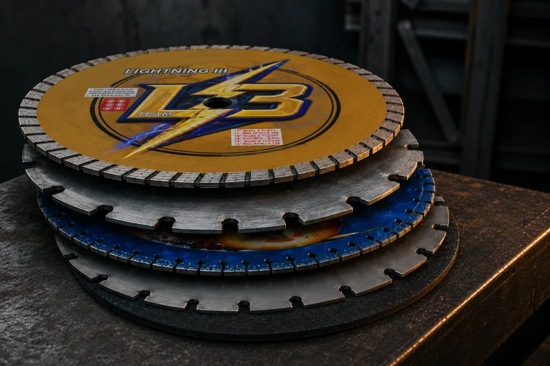 Piraya, Lightning and carbide rescue saw blades stacked on a steel bench