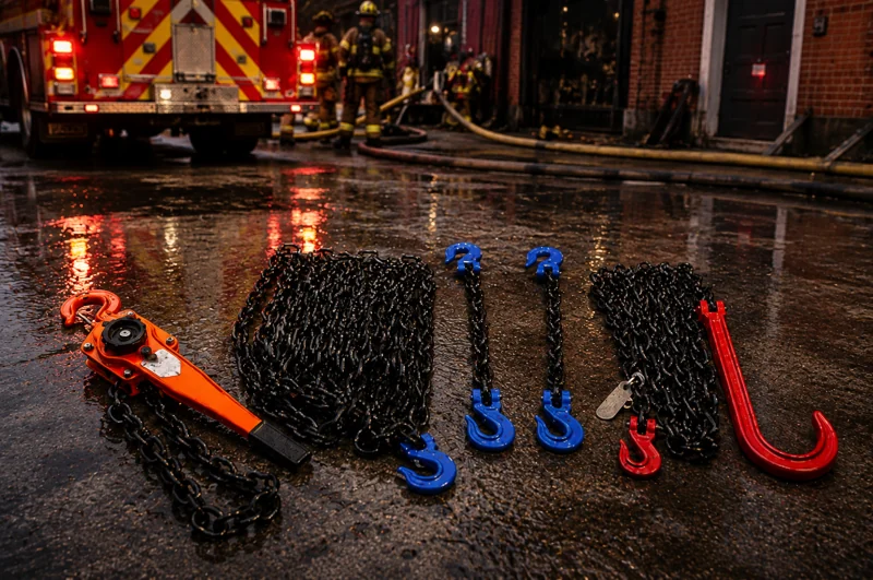 TEAM rescue chain packages, come-a-long and recovery hook staged on wet pavement at a fire scene