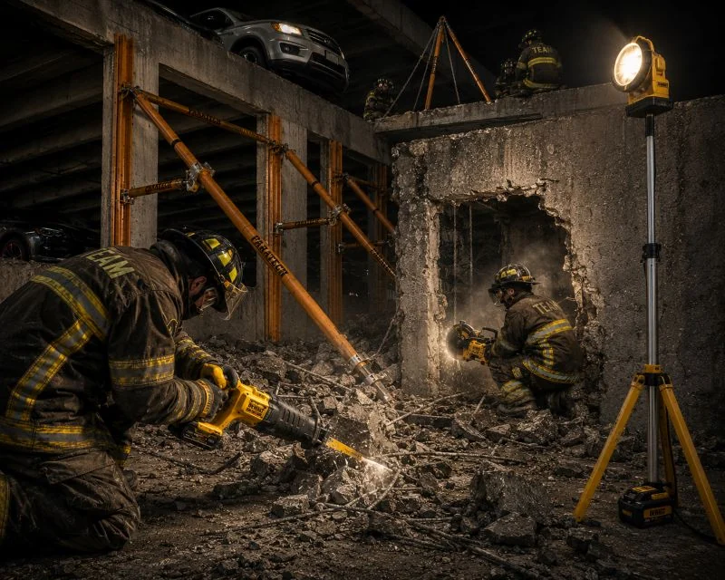 Rescue crews breaching concrete with DeWalt FLEXVOLT tools under a tripod light