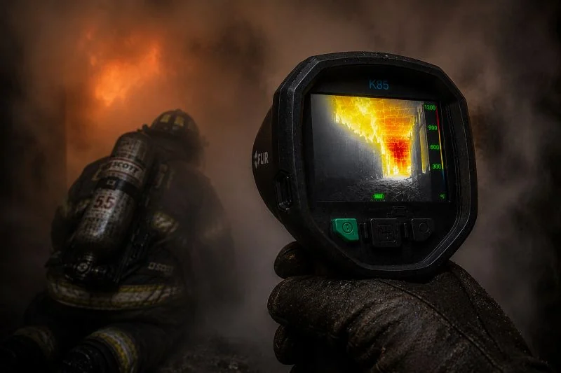 FLIR K85 fire camera held up in heavy smoke, reading the fire overhead on its thermal display