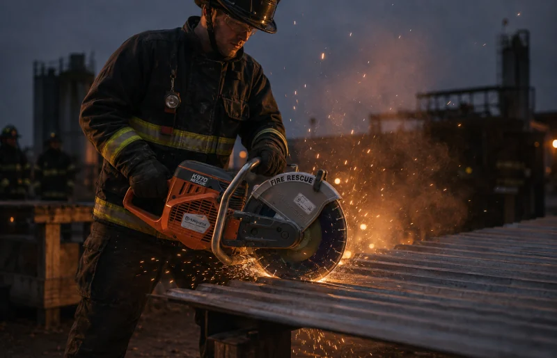Firefighter cutting steel decking with a K12 rescue saw at dusk, sparks flying