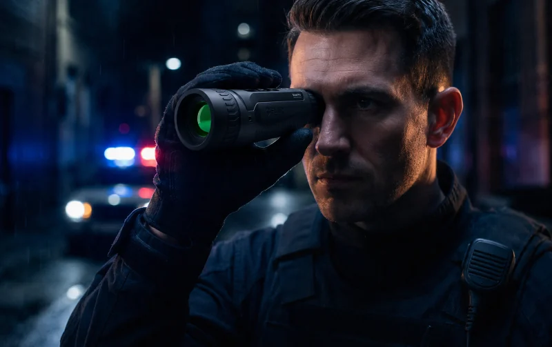 Officer scanning a dark street with a FLIR thermal monocular