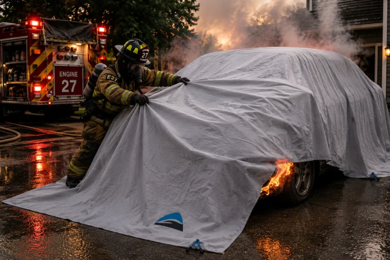 Firefighter pulling a Li-Fire blanket over a burning electric car
