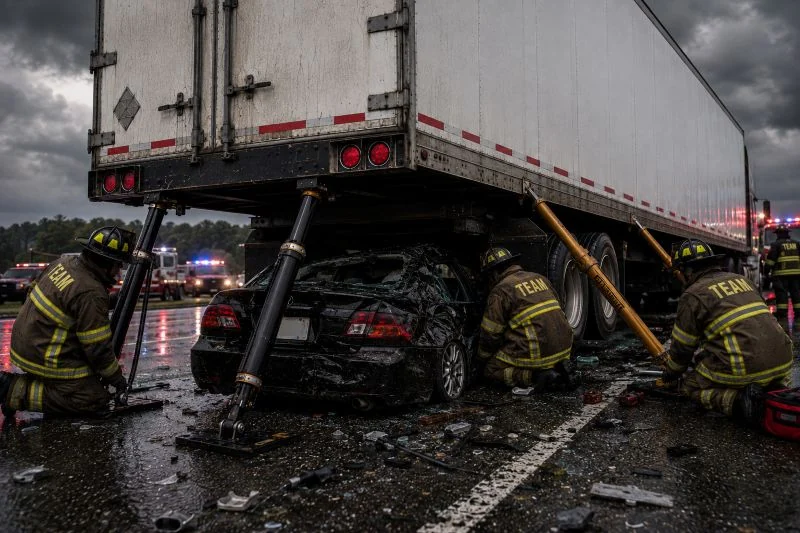 Paratech struts stabilizing a semi trailer lifted off a crushed car while rescue crews work