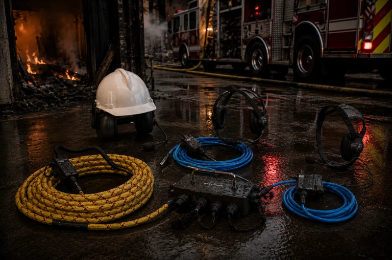 RESCOM hard-line communication kit with helmet, headsets, cable spools and junction box at a night fire scene