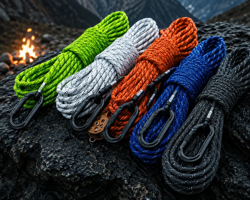 Life-safety ropes in five colors coiled with carabiners and a pulley on rock