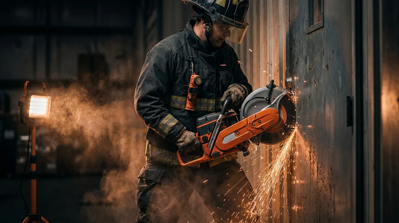 Firefighter forcing entry through a steel door with a gas K12 cutoff saw