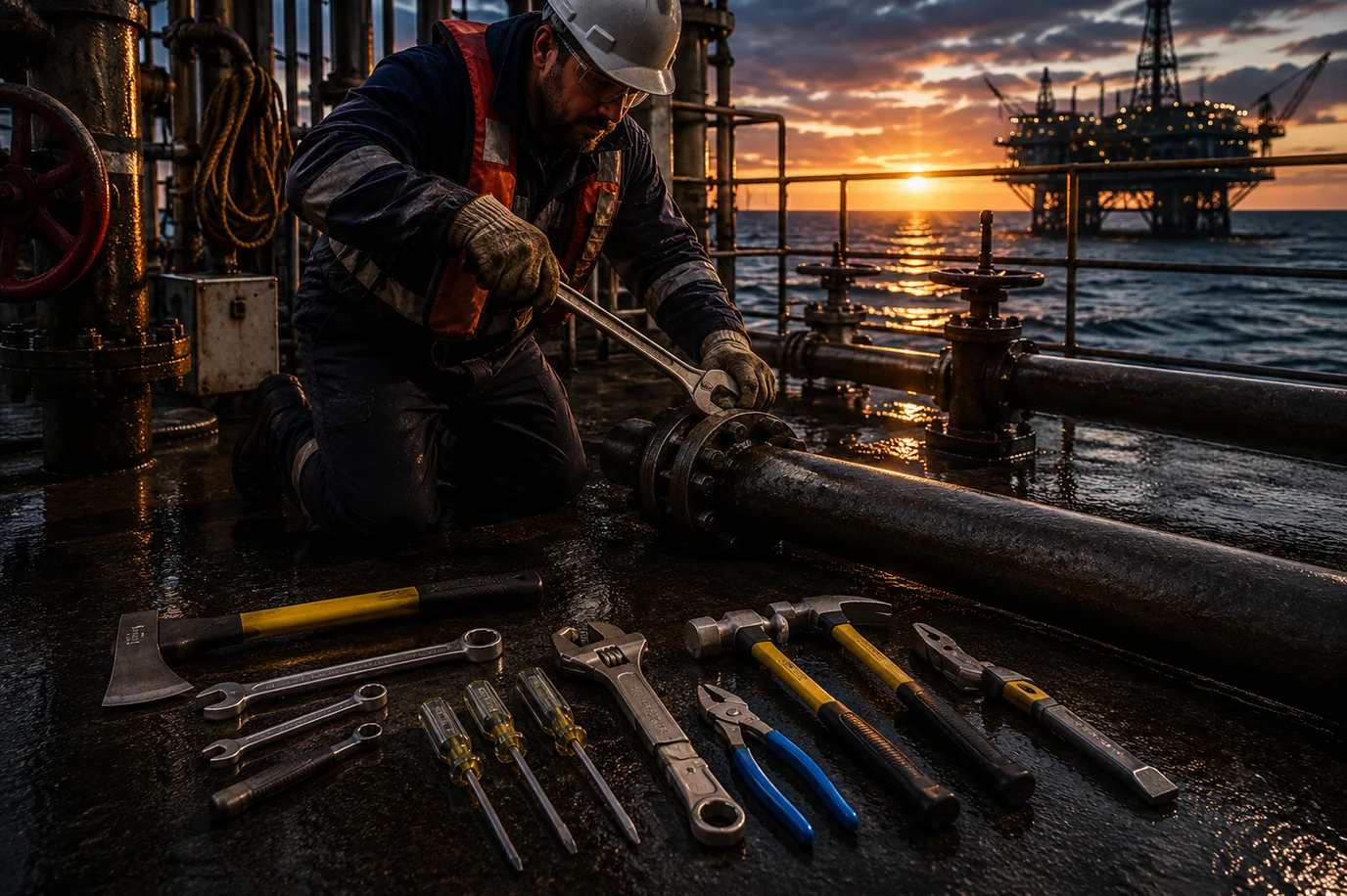 Crew member working a pipe flange with AMPCO non-sparking tools laid out on an offshore deck at sunset