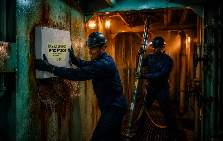 Crew seating a TEAM TBP-24 box patch over a leaking bulkhead below decks