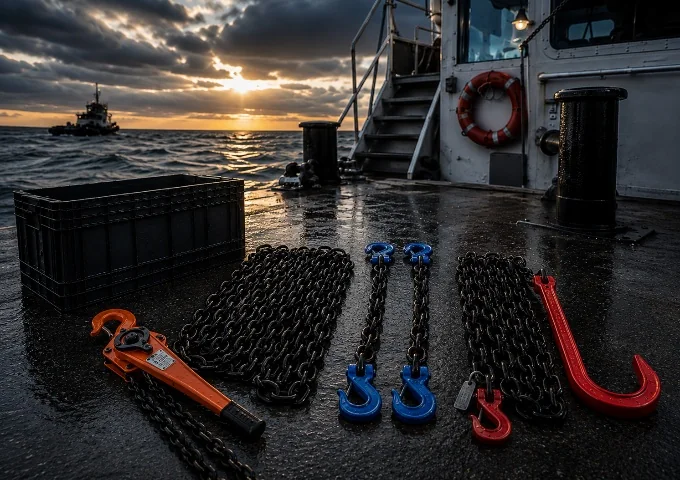 TEAM rescue chain packages and a griphoist staged on a ship deck