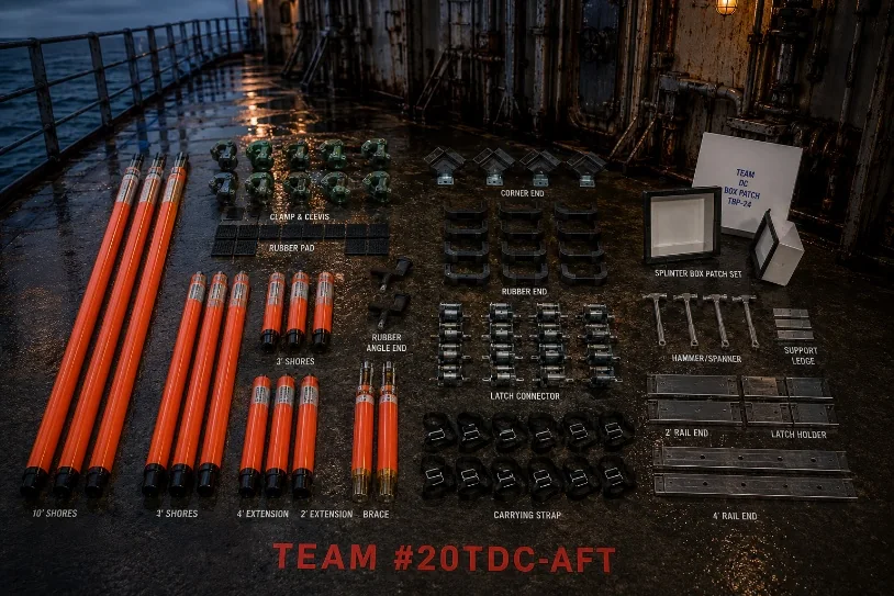TEAM 20TDC-AFT damage control shoring kit components laid out on a ship deck