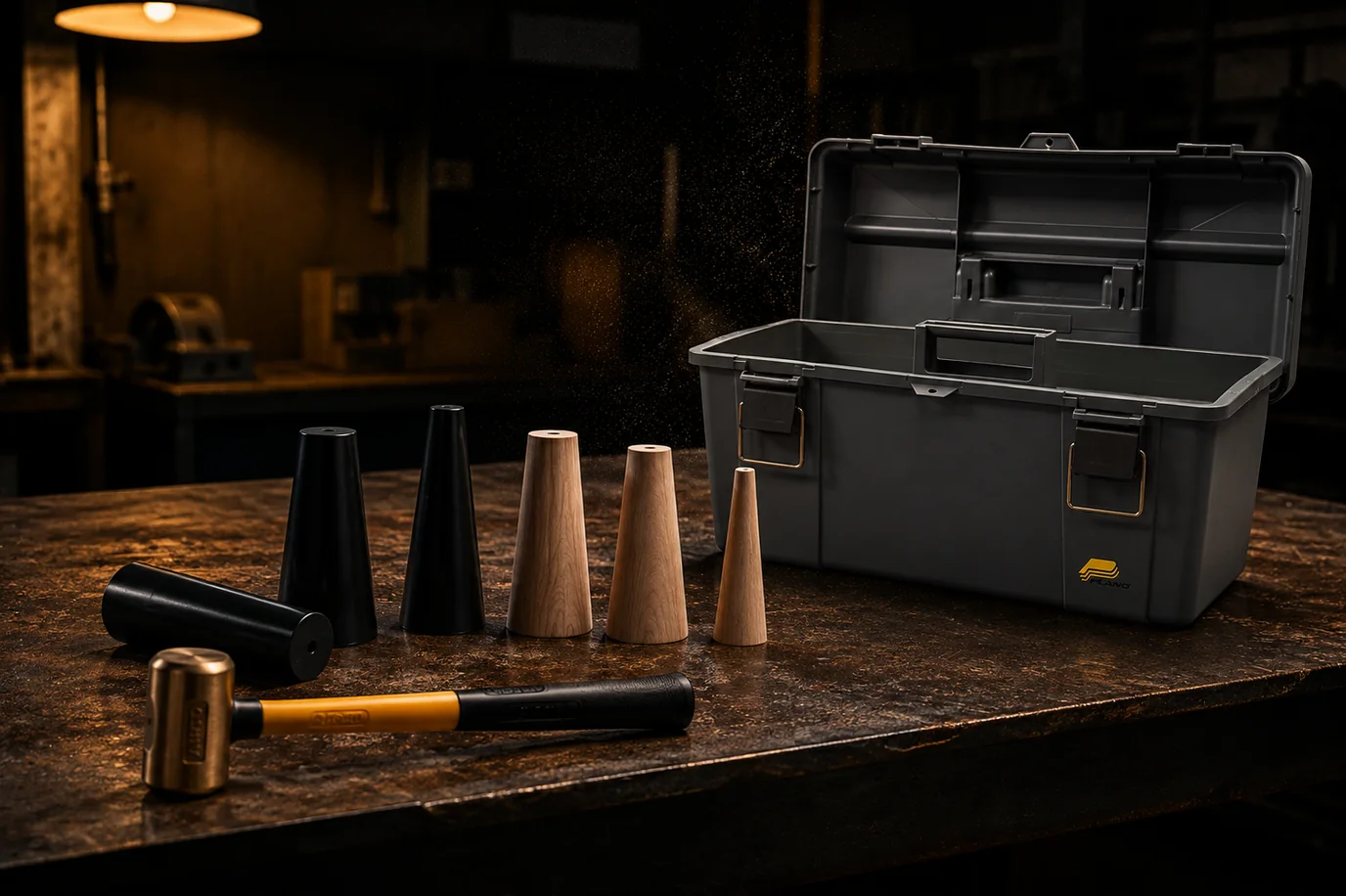 Hardwood and neoprene sealing plugs with an AMPCO mallet beside an open kit case