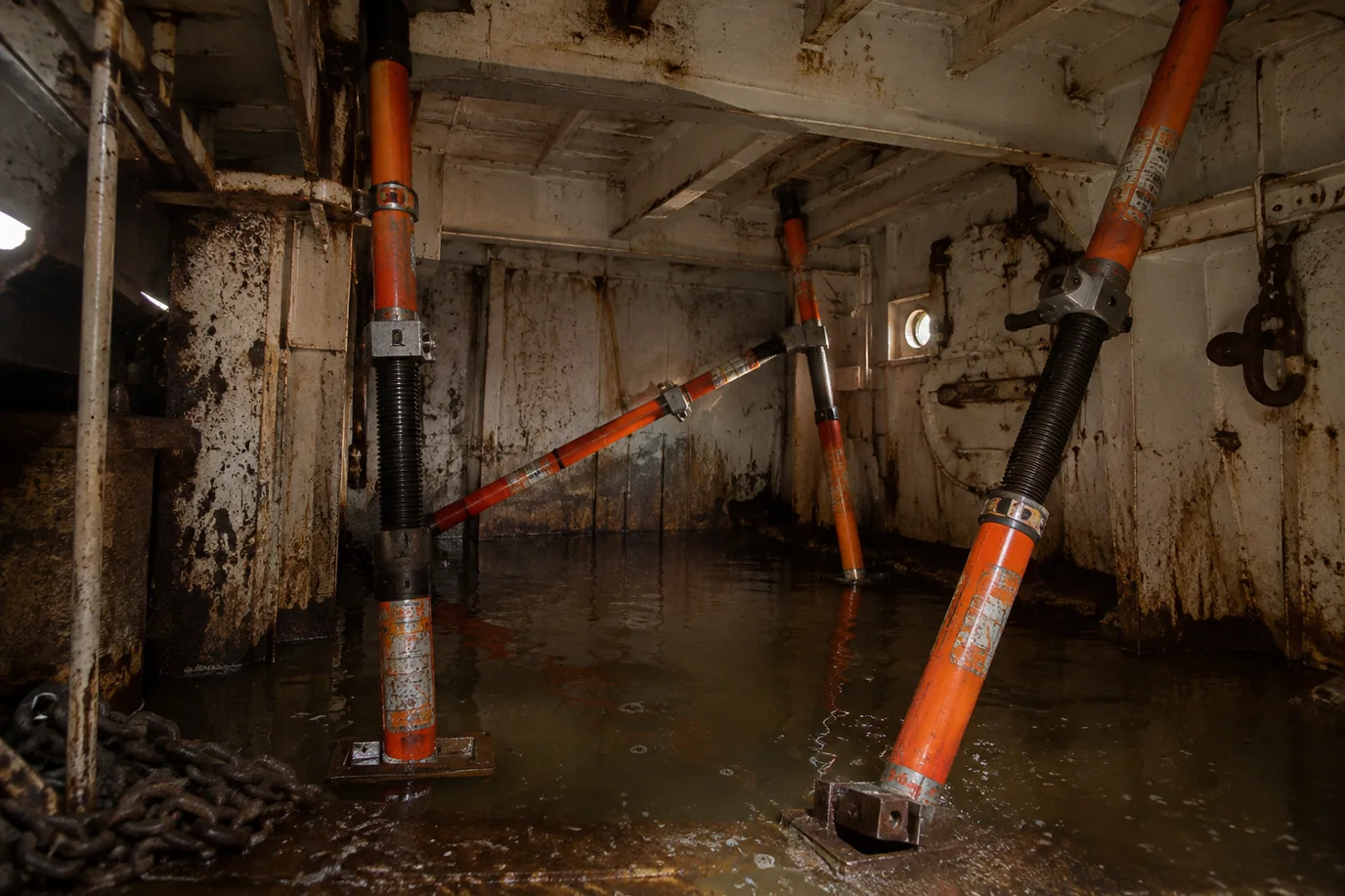 Paratech shoring struts braced across a flooded ship compartment