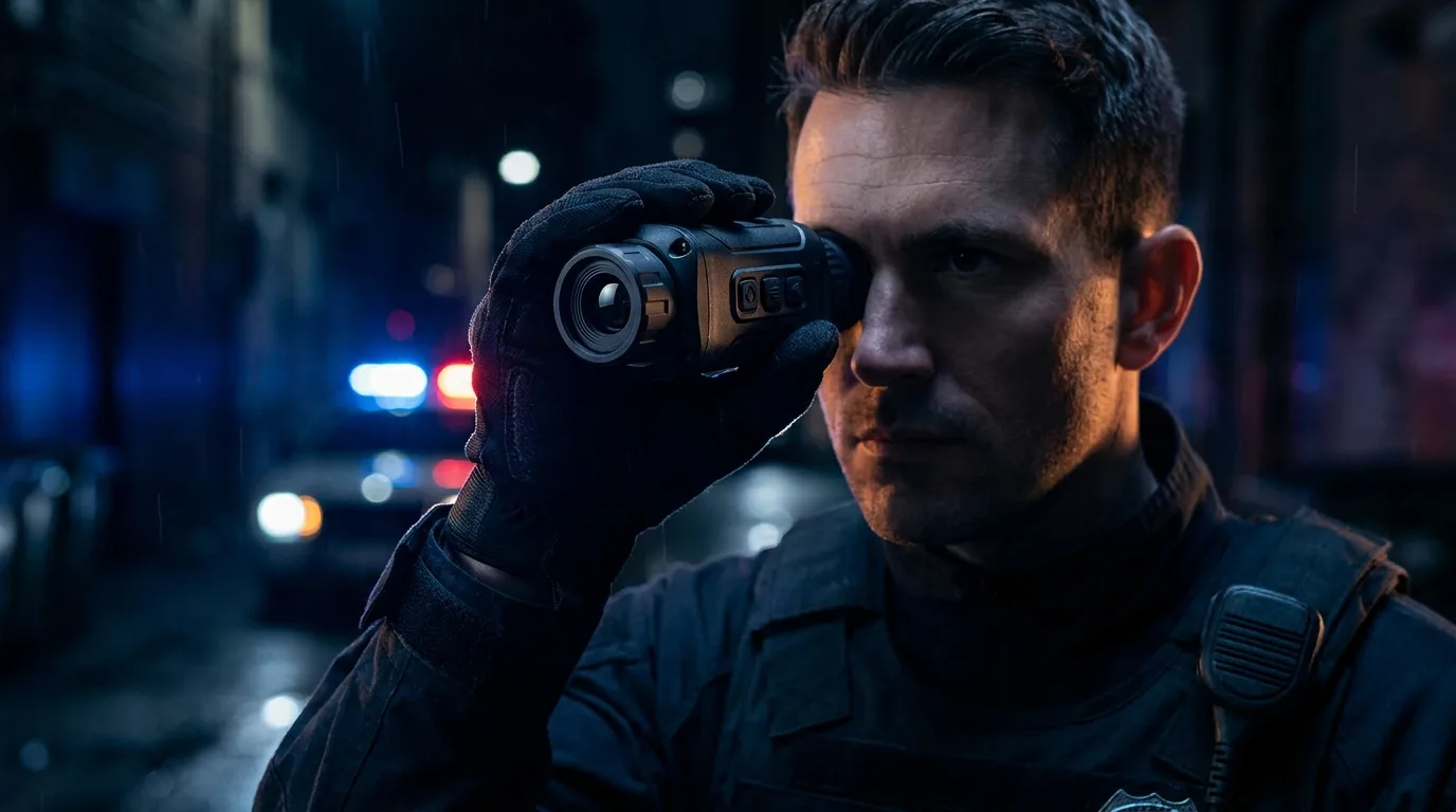 Compact FLIR thermal device in hand at night
