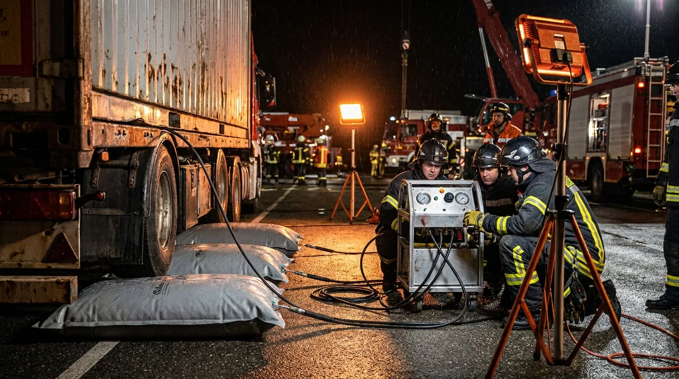Pneumatic lifting bags raising an overturned semi trailer during a rescue