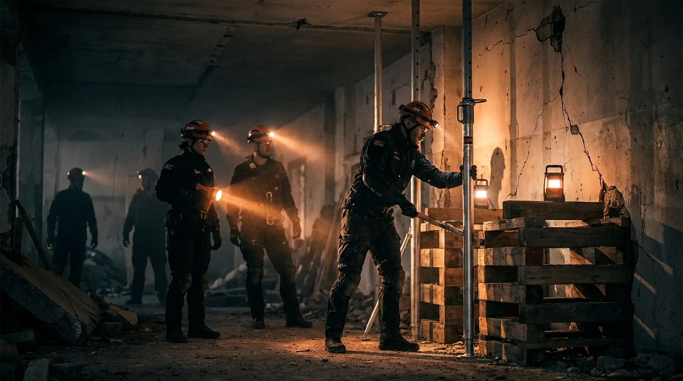USAR team installing pneumatic shoring in a collapsed structure