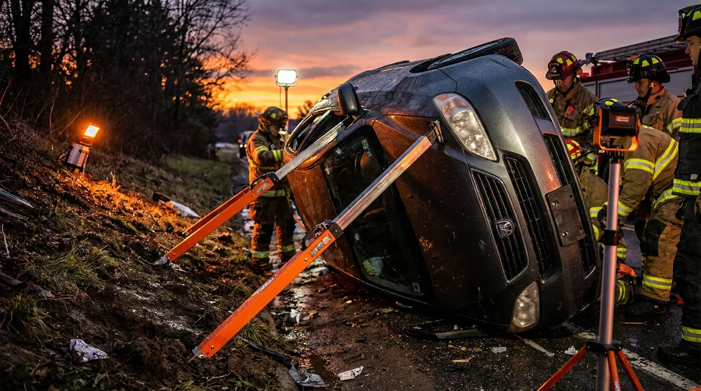 Stabilization struts locked against a crashed car on its side