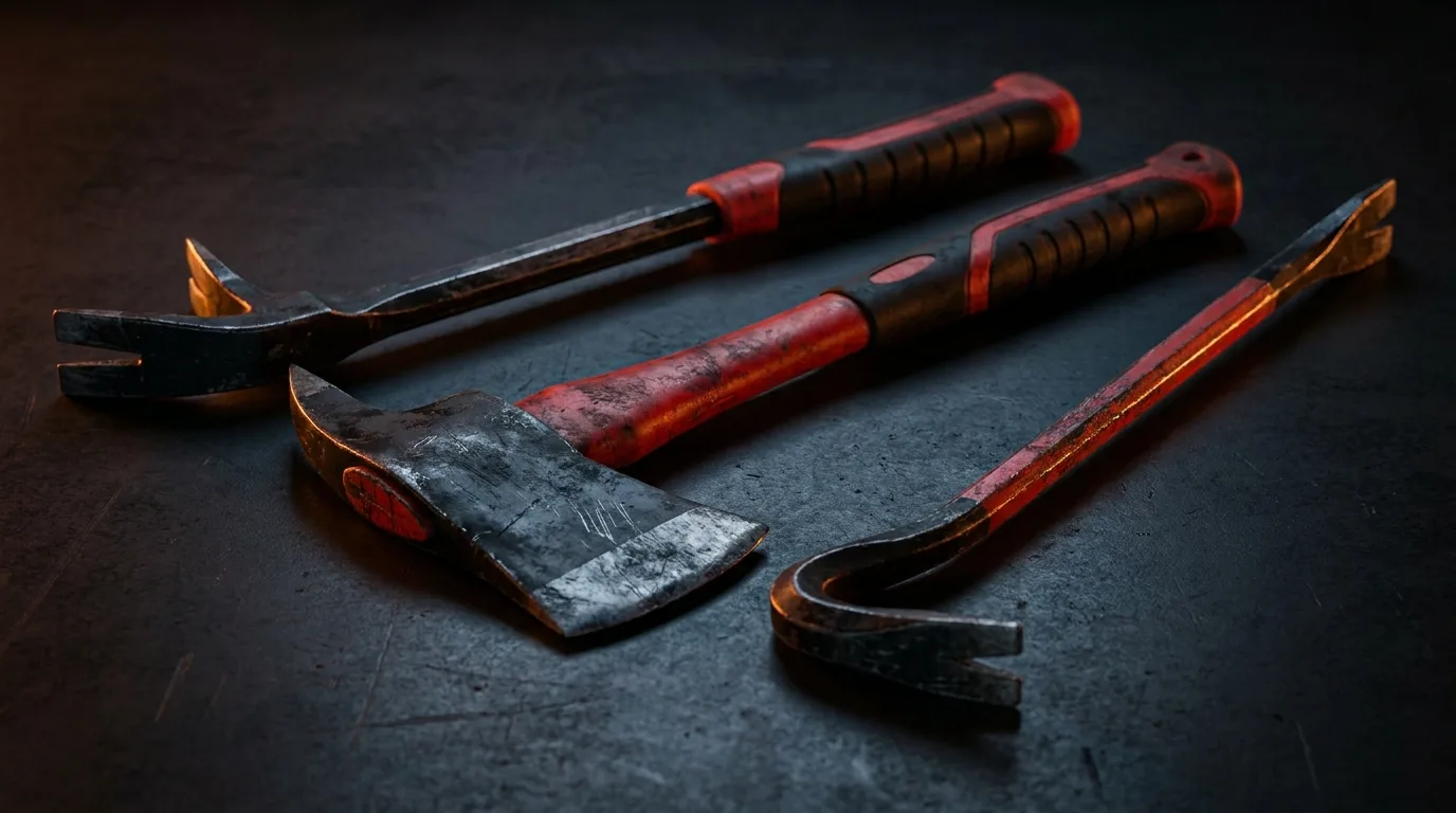 Halligan bar, axe and forcible entry hand tools on steel