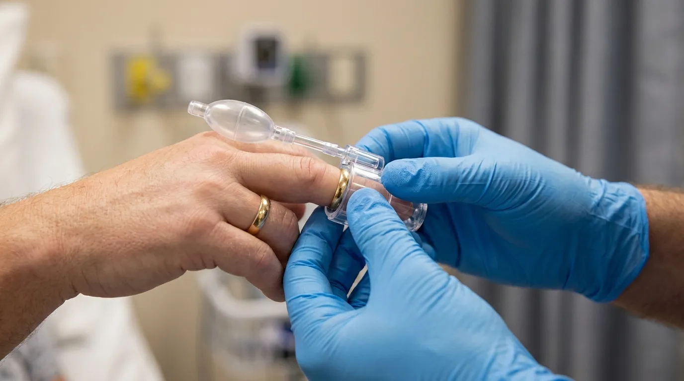 Paramedic removing a stuck wedding ring with the Ring Rescue compression device