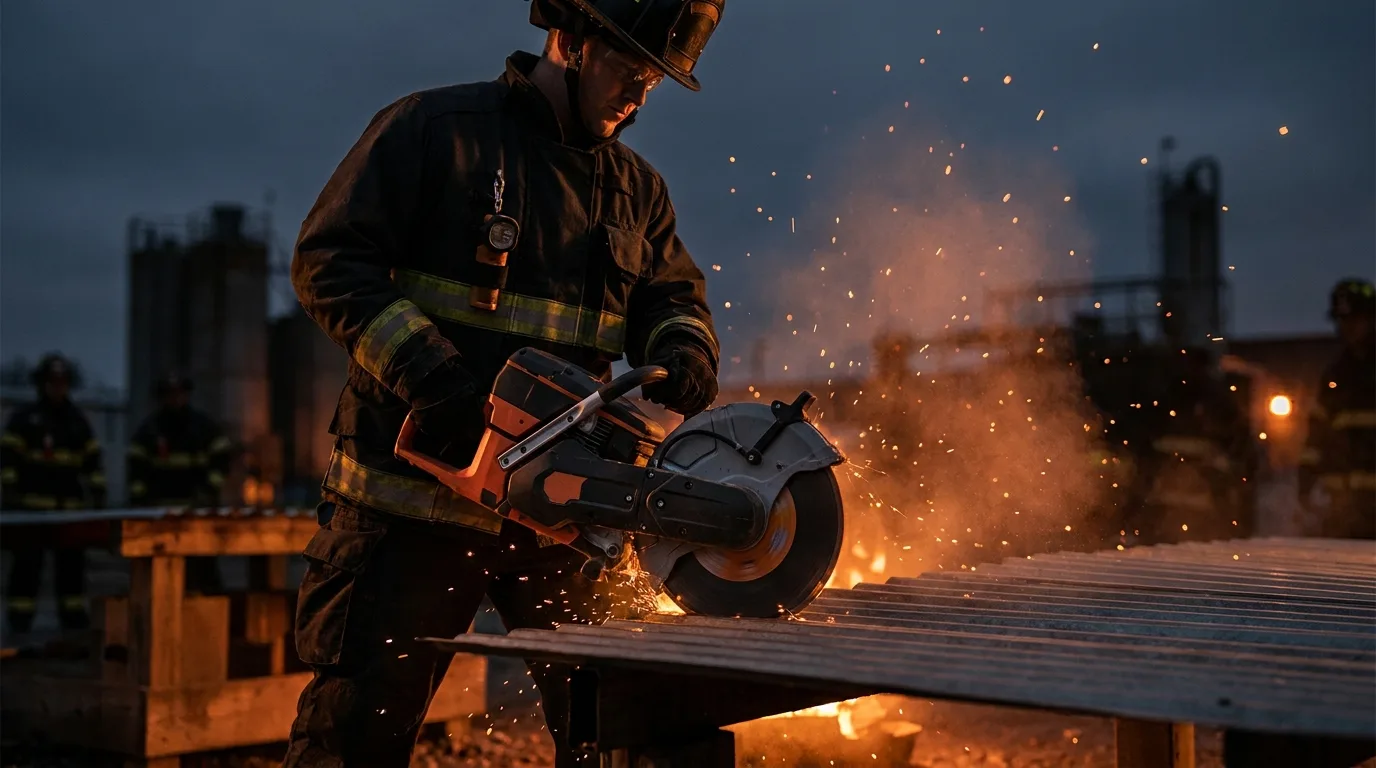 Firefighter cutting steel roofing with a Husqvarna rescue cutoff saw, sparks flying