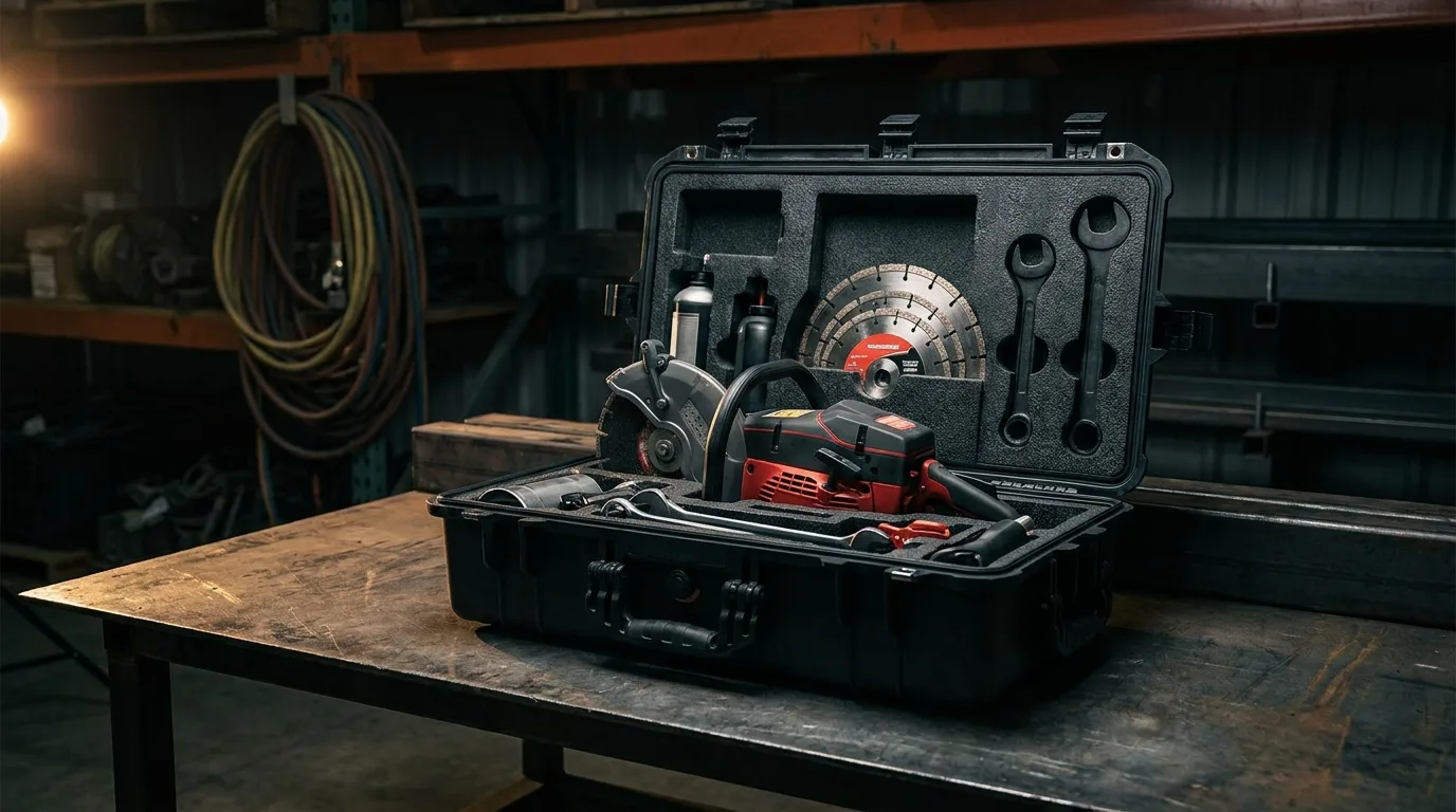 Compact battery rescue saw cased with accessories
