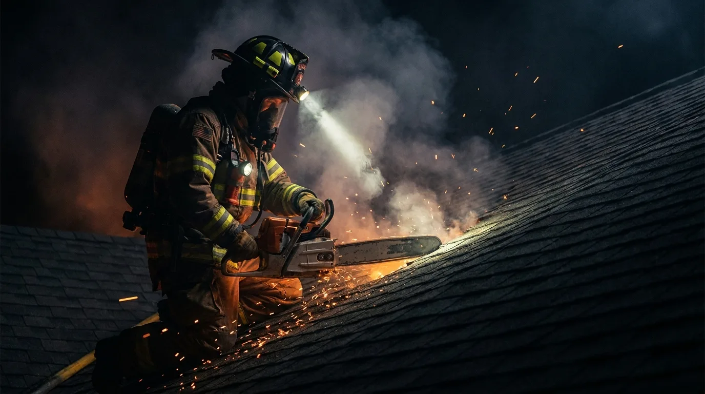 Firefighter cutting a ventilation opening in a roof with a SHARK chainsaw at night