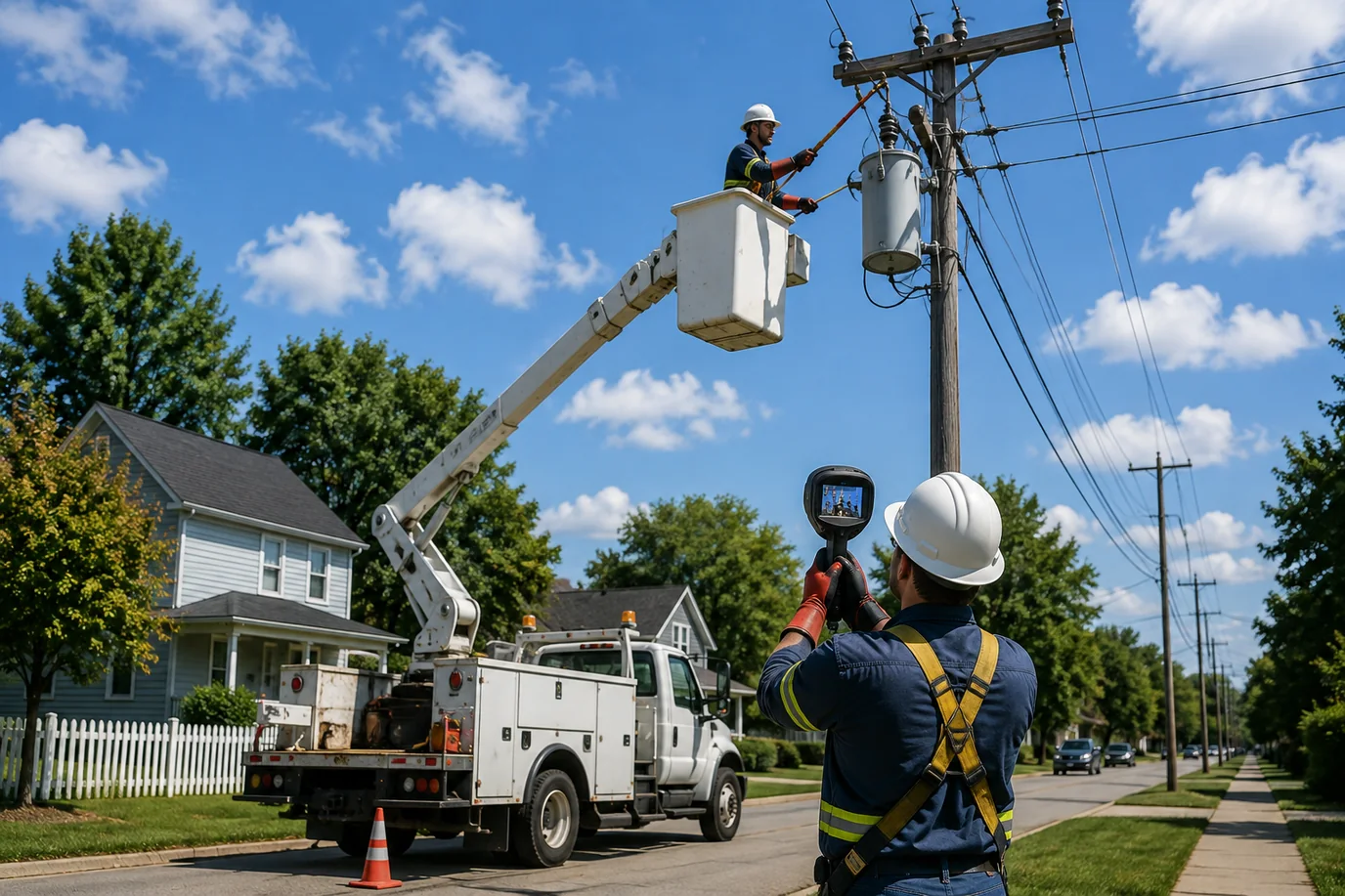 Line technician documenting pole-top equipment with a thermal camera while a bucket crew works above