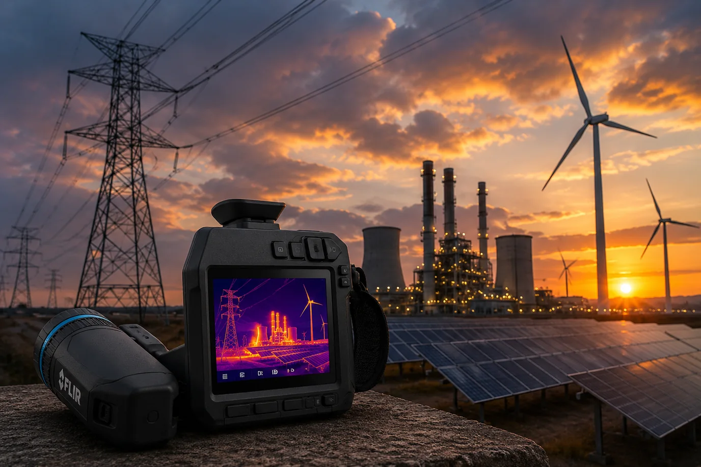 FLIR thermal camera overlooking a power generation plant with wind turbines at sunset