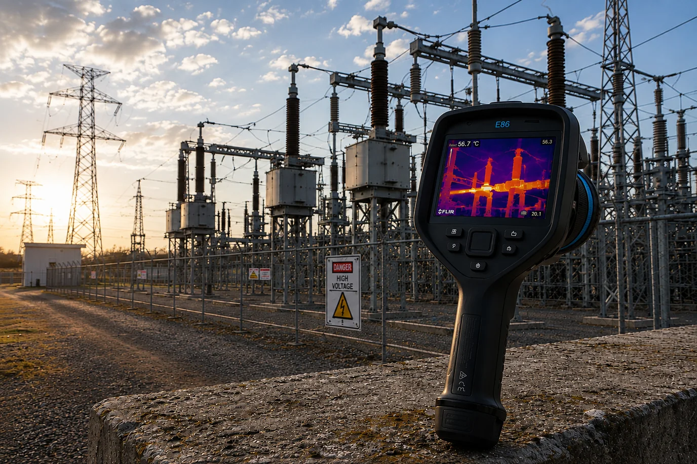 FLIR E86 thermal camera in front of a high-voltage substation at sunrise